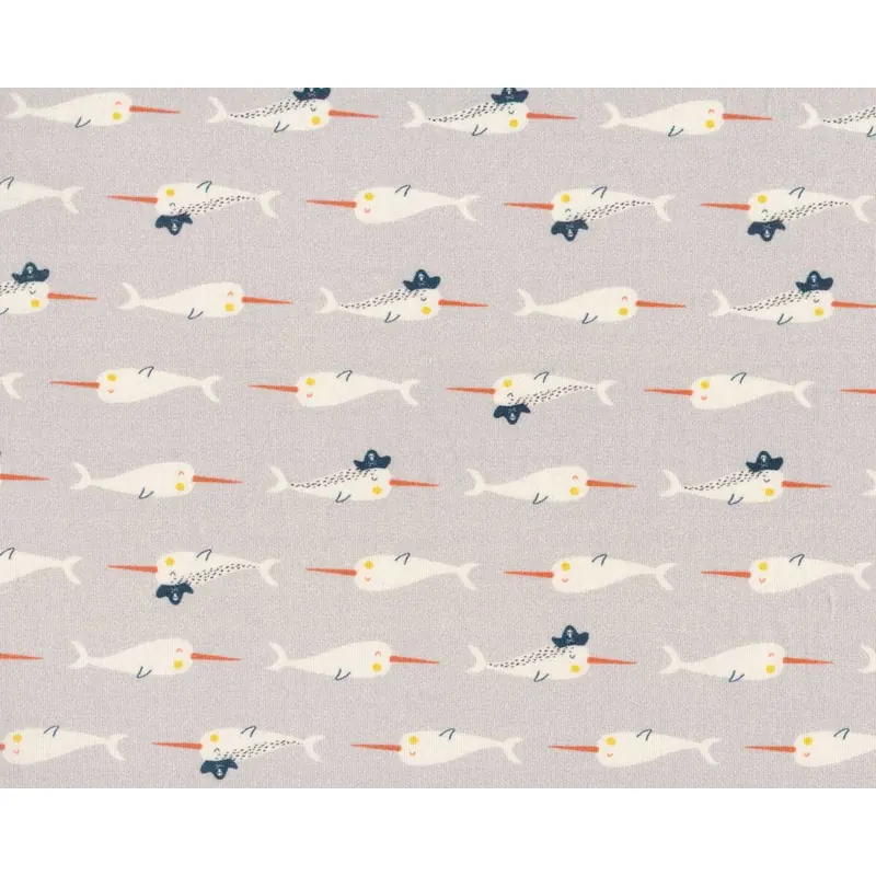 Baumwolljersey SEA ANIMALS, Narwal, grau, Hilco