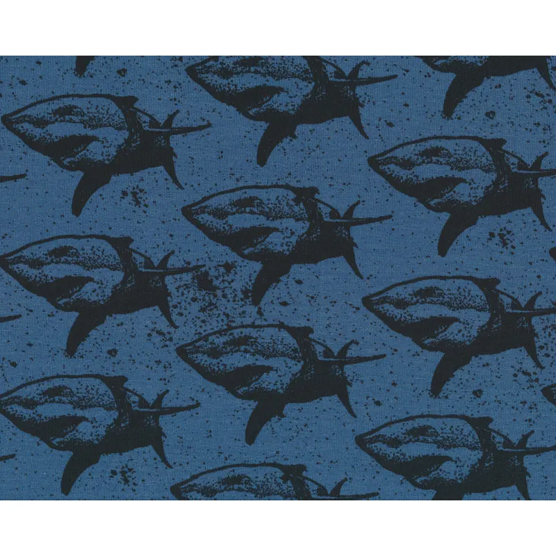Baumwolljersey SHARKY, Haie, jeansblau