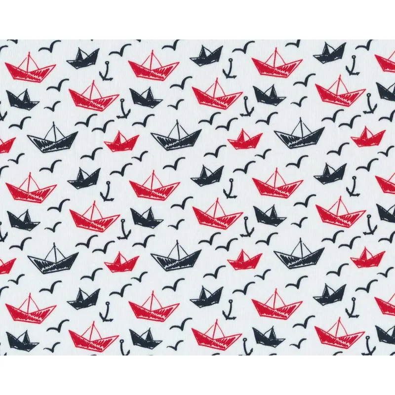 Baumwolljersey THEO, Papierboote, marineblau-rot