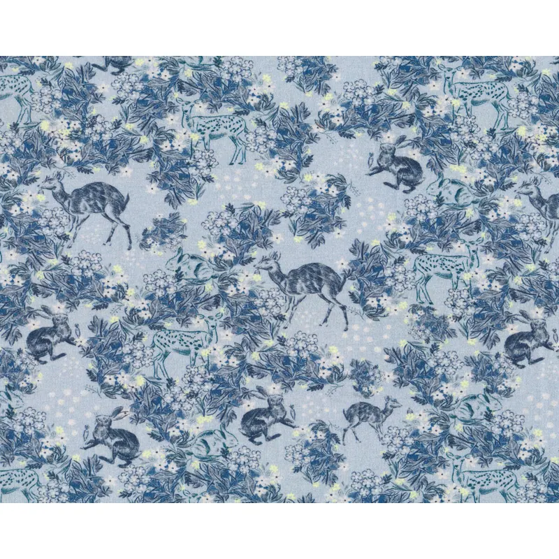 Baumwolljersey WILD BAMBI, Rehkitz, Hase und Blumen, blau, Hilco