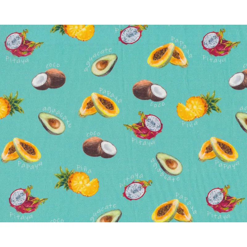 Baumwollstoff ANDALE FRUTAS, exotische Früchte, türkis, Patricia Meyer