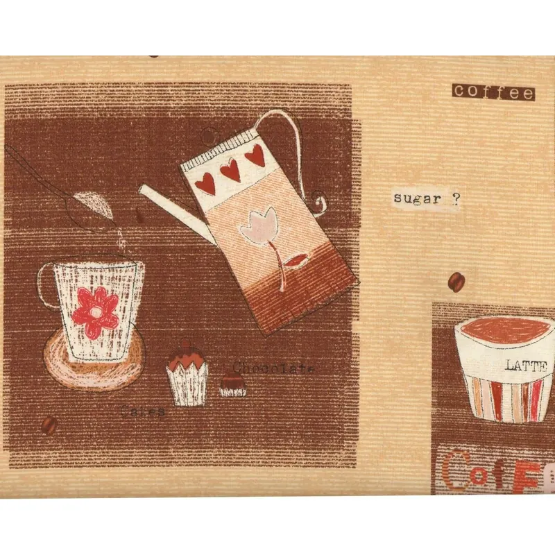 Baumwollstoff, Dekostoff COFFEE TIME, Kaffeekannen und Tassen, braun-hellrot