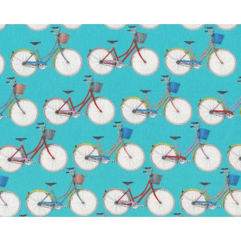 Baumwollstoff DRAHTESEL, Fahrräder, türkis-taubenblau