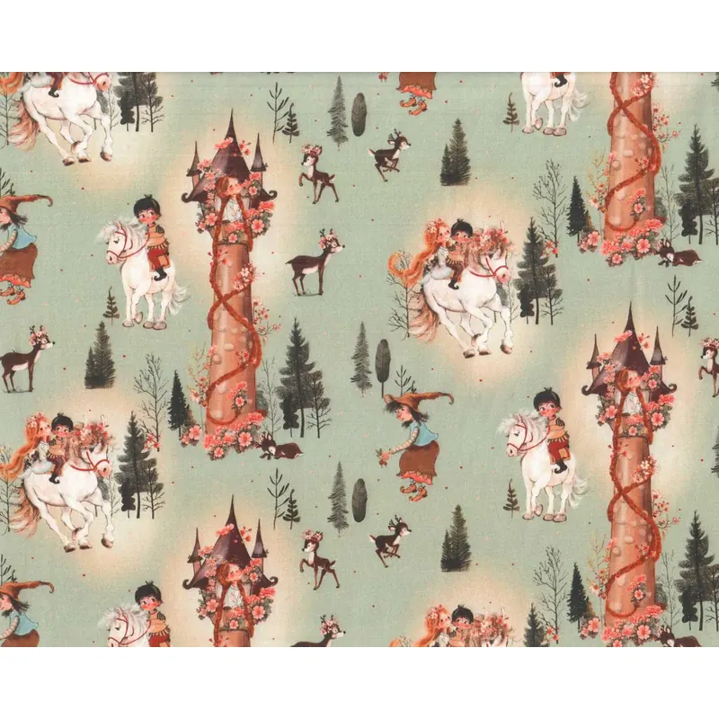 Baumwollstoff FAIRY TALE, Rapunzel-Motiv, grüngrau, Swafing