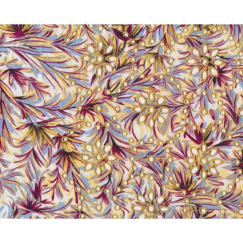 Baumwollstoff FINJA mit Lochstickerei, Blätter-Print, fuchsia, burda style