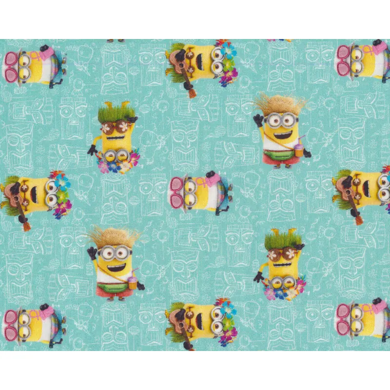 Baumwollstoff MINIONS im Hawai-Urlaub, türkis