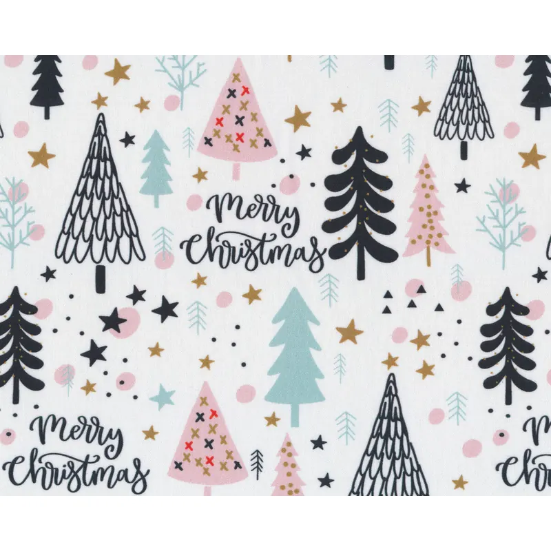 Baumwollstoff NOEL, Weihnachtsbäume & Schrift, weiß