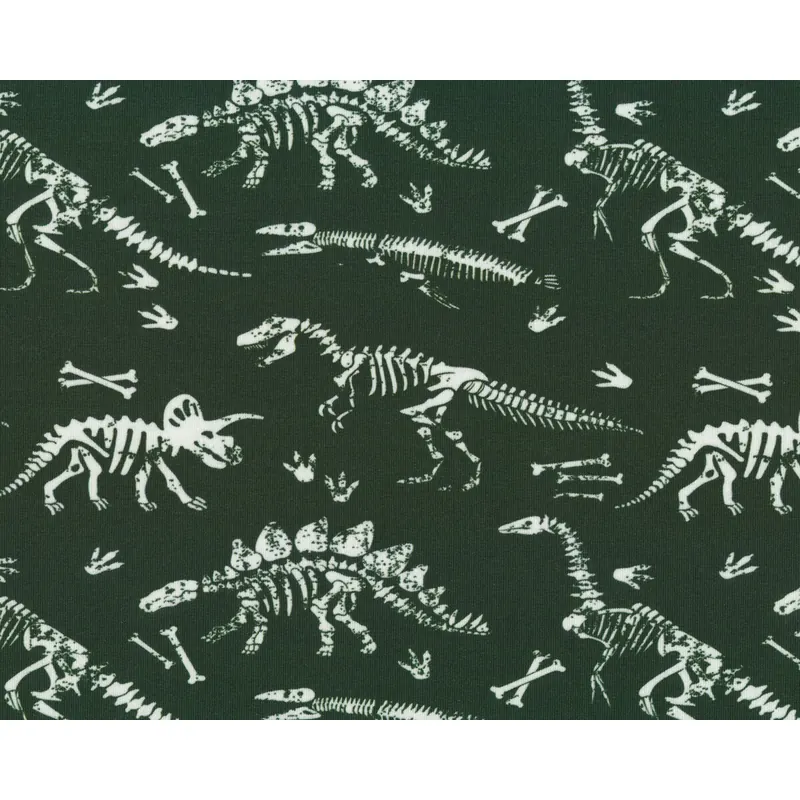 Baumwollsweatstoff JOKO DINO, Dinosaurier-Skelette, moosgrün