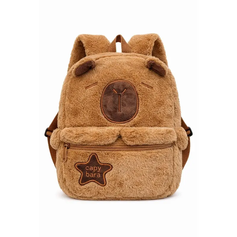 Capybara Plüsch Rucksack Kinder braun – Kinderrucksack mit Hauptfach & Frontfach Reißverschluss, Verstellbare Schultergurte, Kuscheliger Mini Rucksack 28 x 25 x 10 cm