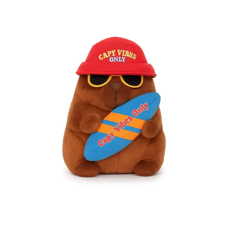 Capybara Plüschtier 25 cm mit Surfbrett Spruch Capy Vibes Only