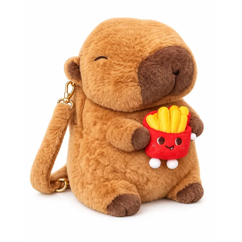 Capybara Rucksack 2in1 Plüsch Kinder Kindergarten Tasche mit Schlüsselanhänger zufälliges Motiv Burger oder Pommes Geschenkidee