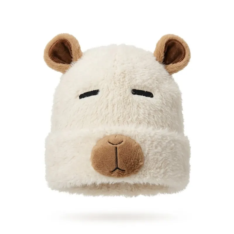 Capybaramütze Beige One Size, flauschige Wintermütze mit Ohren