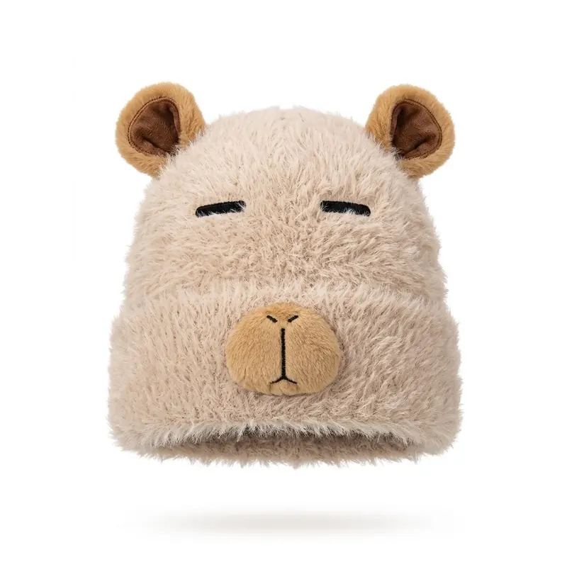 Capybaramütze Braun One Size, flauschige Wintermütze mit Ohren