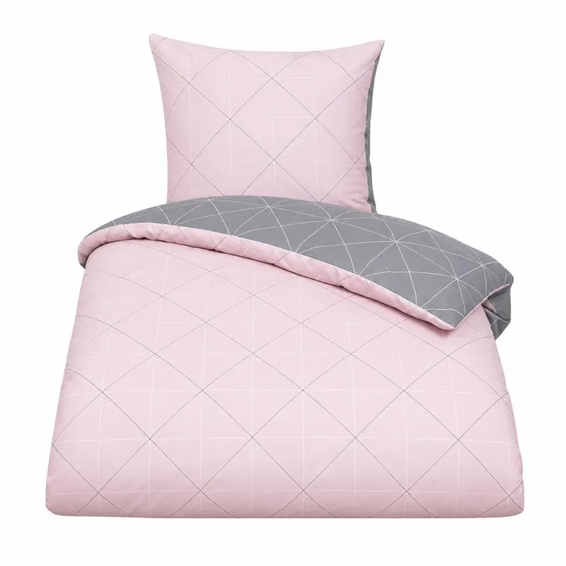Davos Janine Biber Bettwäsche 2tlg grau rosa 65101-01| Bettwäsche-Set aus 100% Baumwolle | 2 teilige Wende-Bettwäsche 135x200 cm & Kissen 80x80 cm | Geometrisches Muster