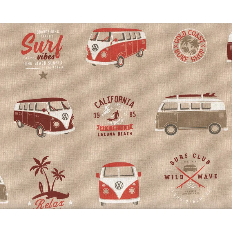 Dekostoff EMILIO, Malibu Beach mit Bulli, natur-rot