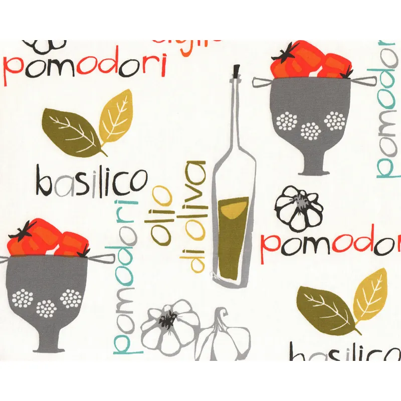 Dekostoff POMODORI, Tomaten mit Schrift, Clarke & Clarke