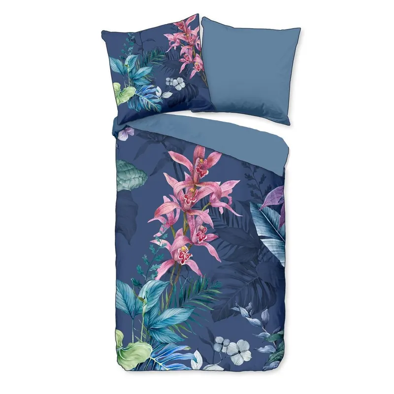 Descanso Bettwäsche 135x200 + 1 x 80x80 cm Mako Satin Mae Blumen und Blätter blau