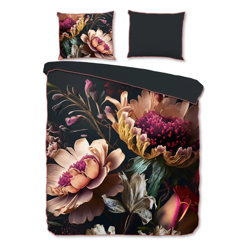 Descanso Bettwäsche 135x200 + 1 x 80x80 cm Mako Satin Straizo Blumen grau