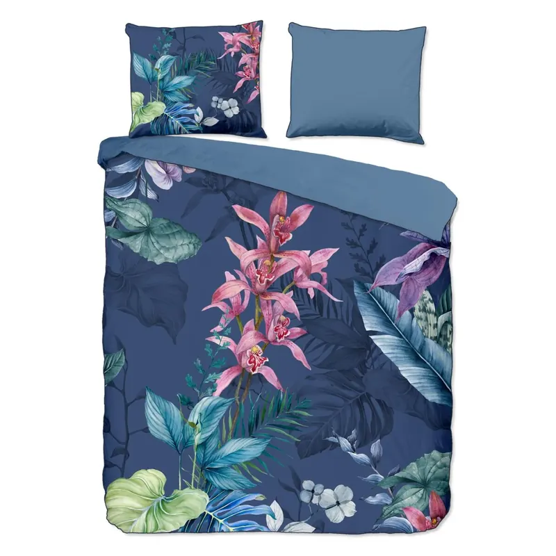 Descanso Bettwäsche 155x220 + 1 x 80x80 cm Mako Satin Mae Blumen und Blätter blau
