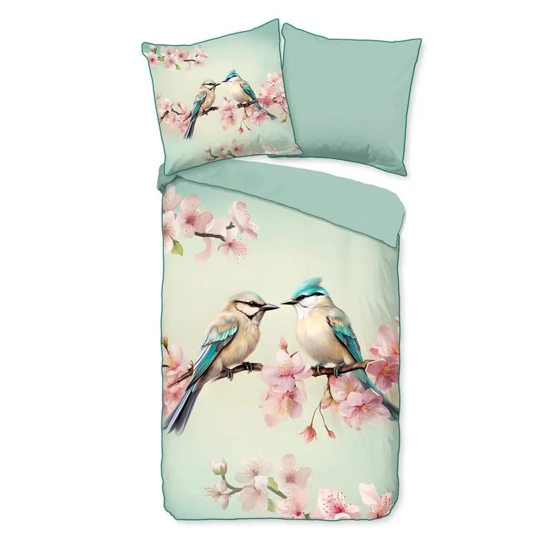 Descanso Bettwäsche 155x220 + 1 x 80x80 cm Mako Satin Minne Zwei Vögel auf einem Blütenzweig grün