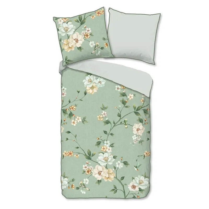 Descanso Bettwäsche 155x220 + 1 x 80x80 cm Mako Satin Sizena Blumen grün