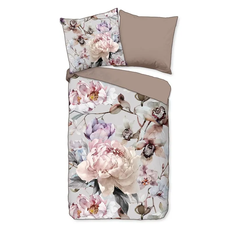 Descanso Bettwäsche 200x200 + 2 x 80x80 cm Mako Satin Colinda Blumen grau