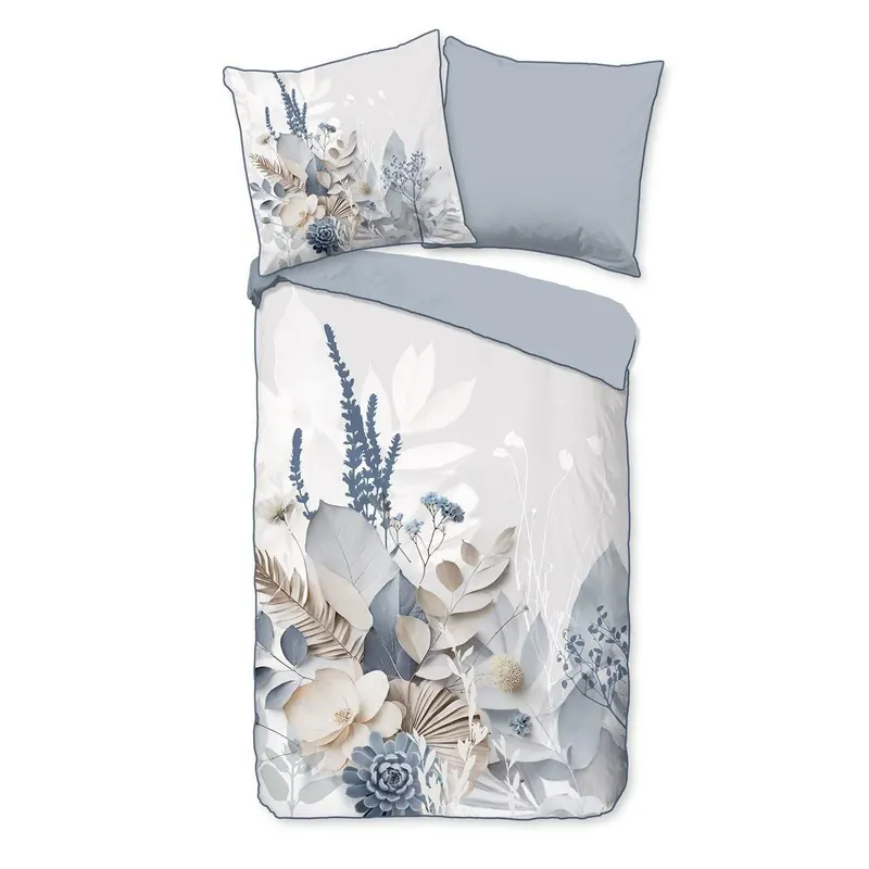 Descanso Bettwäsche 200x200 + 2 x 80x80 cm Mako Satin Junte Blumen und Blätter grau