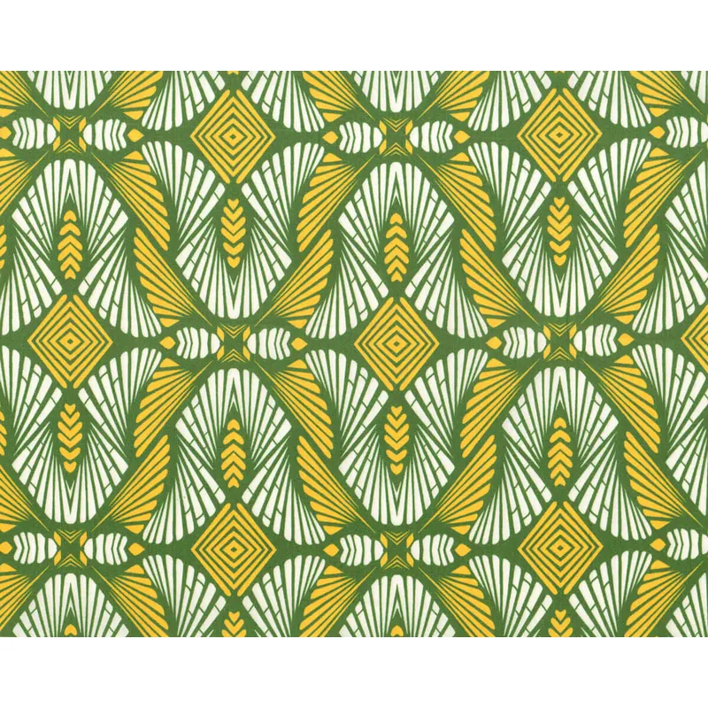 Designer Baumwoll-Popeline GODELA, Fächermuster, moosgrün-gelb