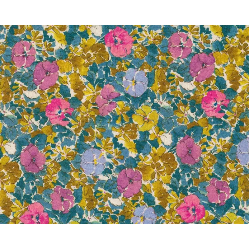 Designer Leinenstoff mit Viskose FIORE, Stiefmütterchen, helllila-fuchsia