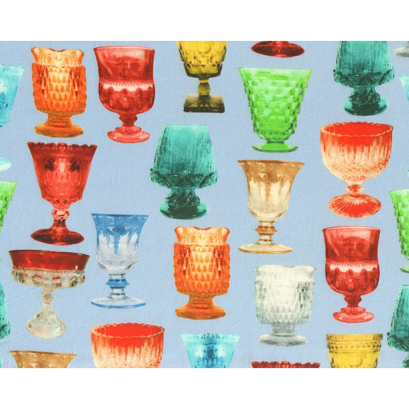 Designer Viskose-Crepe CRISTALLO, Gläser, helles taubenblau-orange