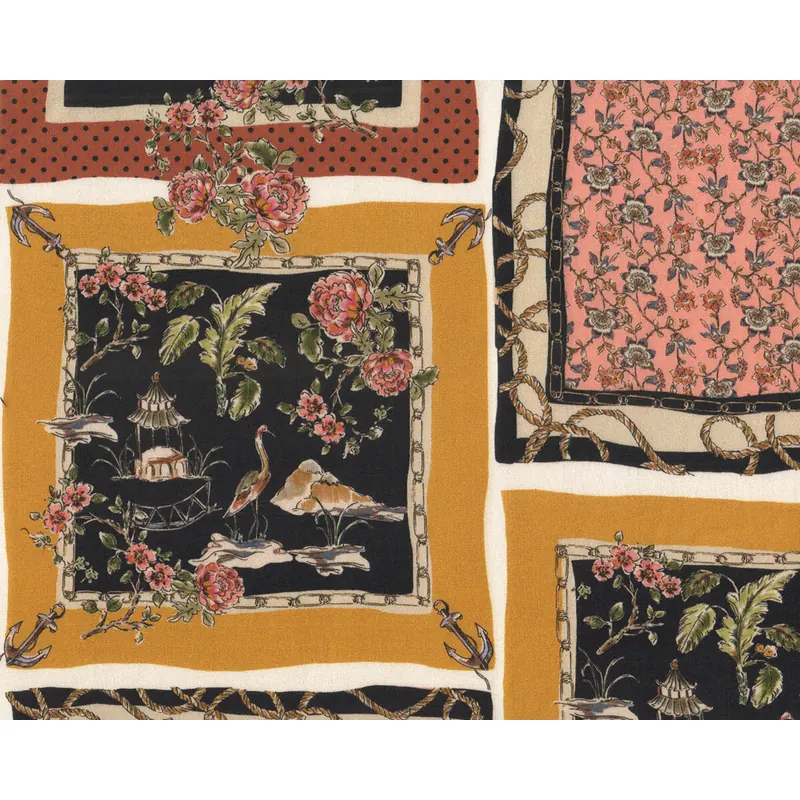 Designer-Viskose-Twill PARIGI, Kranich und Rosen, senfgelb
