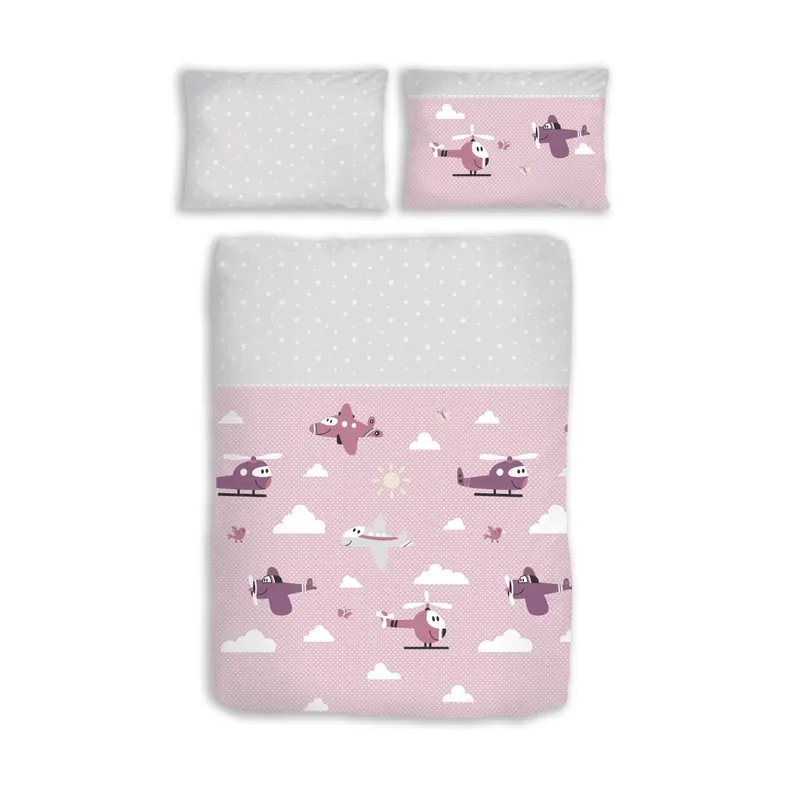 Dobnig Biber Kinderbettwäsche 2tlg. 100x135 cm rosa mit Flugzeugen, Hubschraubern & Wolken