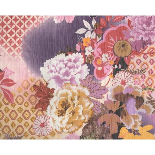 Duftiger Chiffon mit leichtem Längs-Crash "Mapimi Flores" mit Blüten-Bouquets und Musterfeldern, lila-altrosa