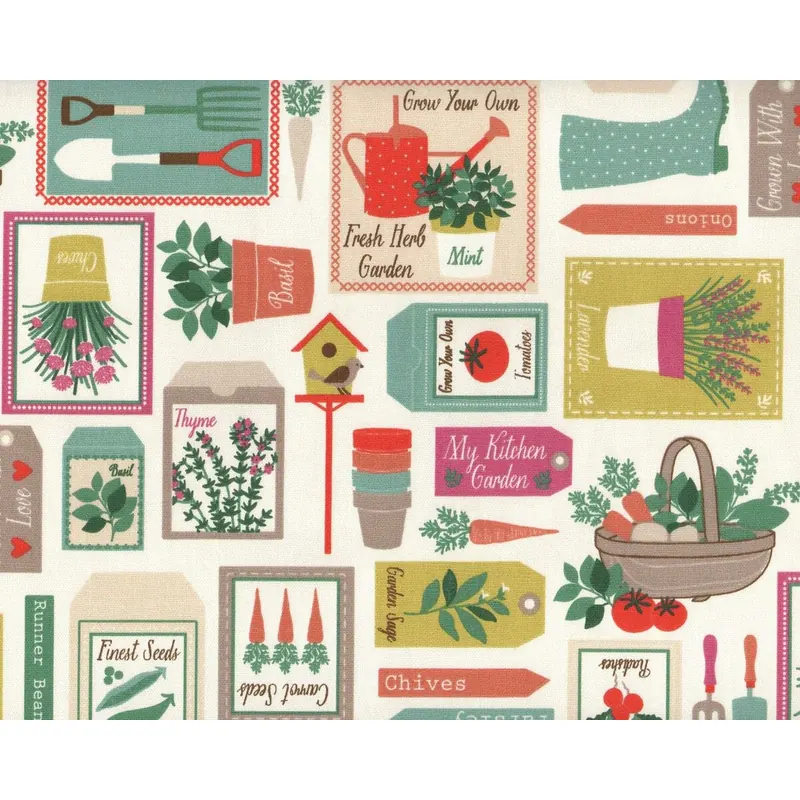 Englischer Dekostoff Clarke & Clarke GARDENING, Gartenwerkzeug und Gemüse, rot-gedecktes mintgrün