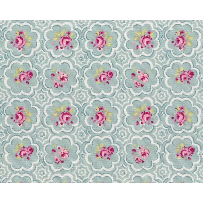 Englischer Dekostoff Clarke & Clarke ROSE TILE, Ornament-Rosen, helles türkisgrün