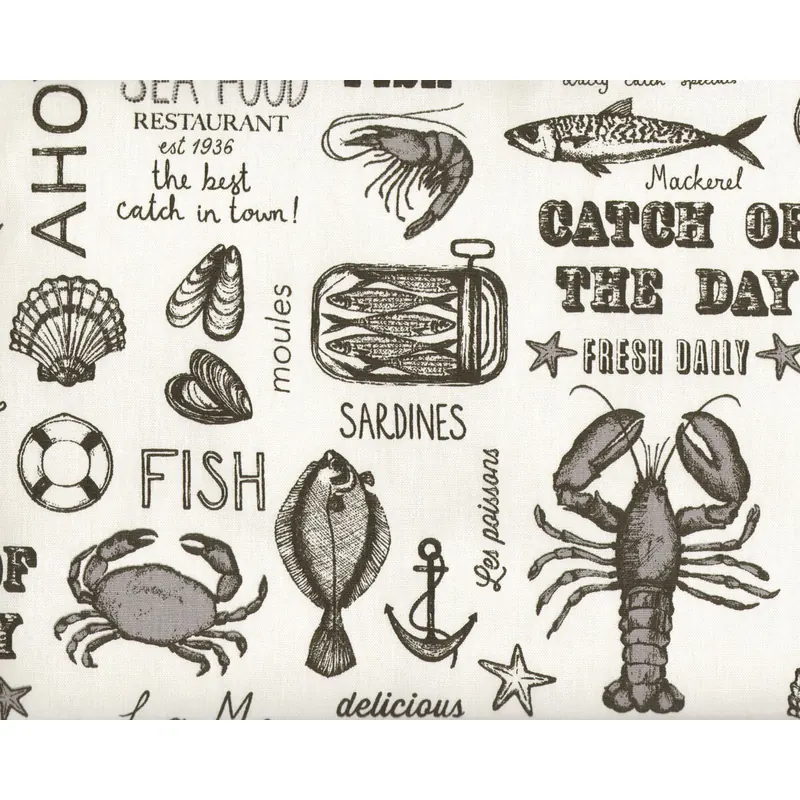 Englischer Dekostoff Clarke & Clarke SEAFOOD, Lobster & Co, gebrochenes weiß-anthrazit