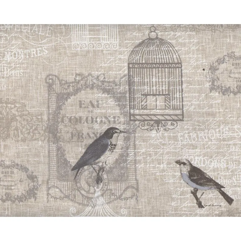 Englischer Dekostoff Clarke & Clarke VICHY, Vögel, Käfige und Schrift, natur-grau