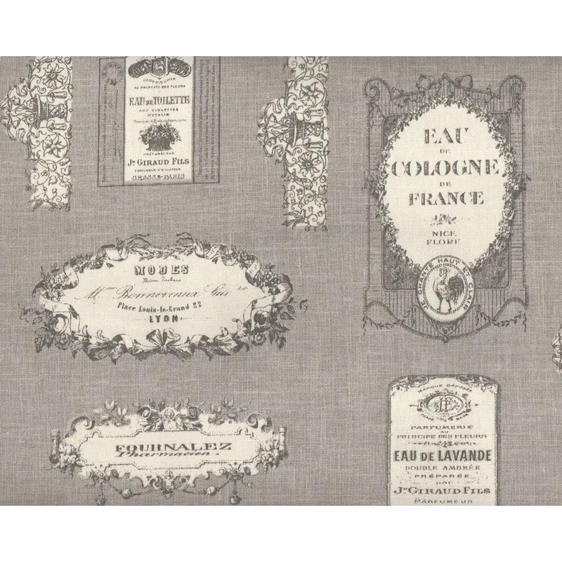 Englischer Dekostoff Clarke & Clarke VINTAGE LABEL, Etiketten, grau