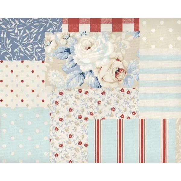 Englischer Dekostoff Clarke & Clarke VINTAGE PATCH, Rosen und Punkte, hellblau-rotbraun