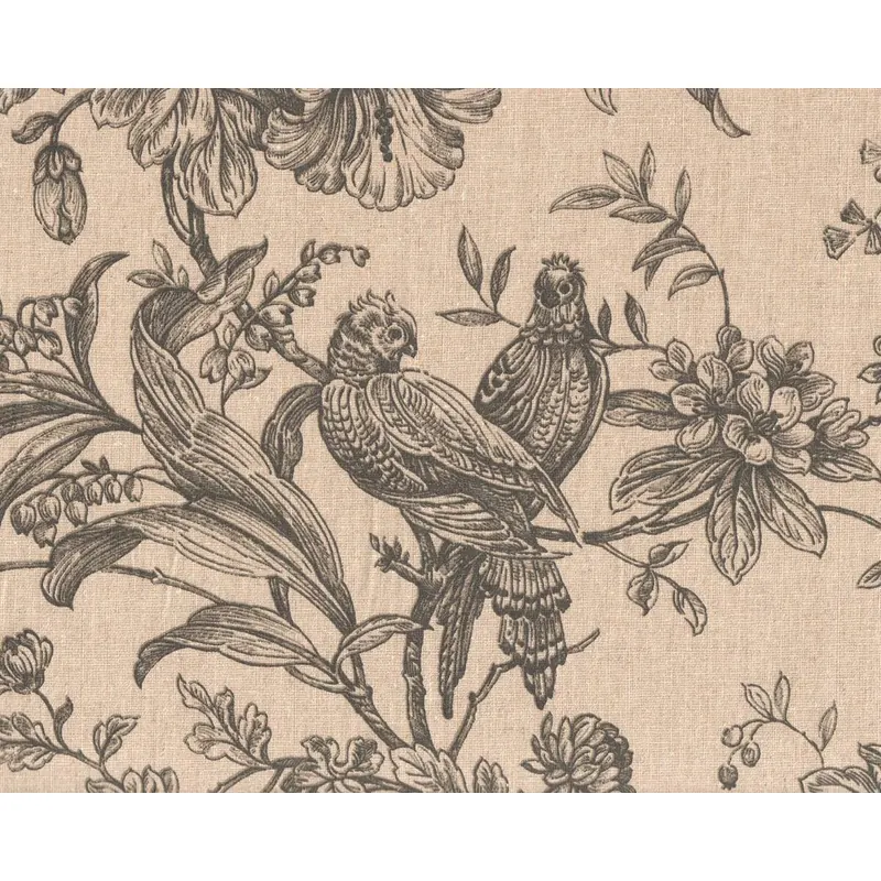 Englischer Leinen-Dekostoff Clarke & Clarke PROVENCE, Ornamentblüten mit Papageien, natur-schwarz