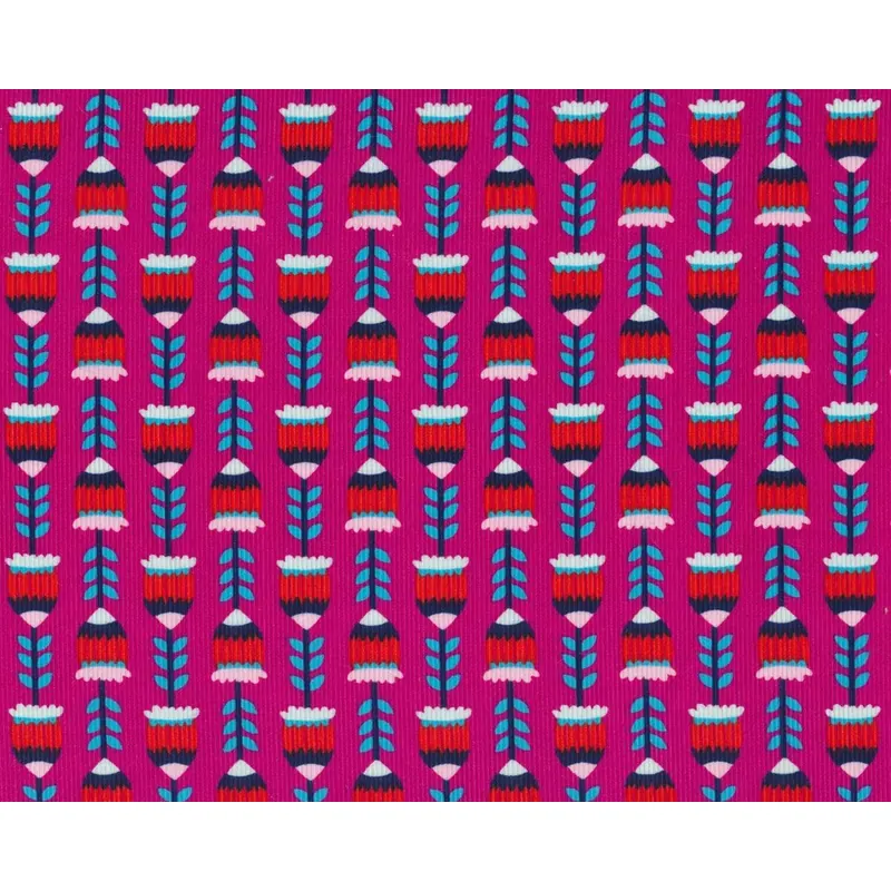 Feincord HARVEST BLOSSOM, Retro-Blumen, fuchsia-rot