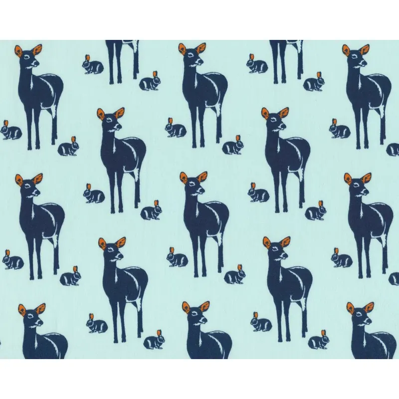 Feiner Baumwollstoff, Popeline OH DEER, Rehe und Häschen, helles mintgrün-marineblau