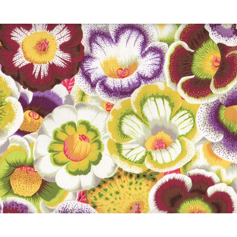 Feiner Patchworkstoff GLOXINIAS, Riesen-Blüten, senfgelb-aubergine
