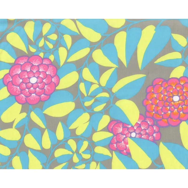 Feiner Patchworkstoff VINE, Blätterranken und Blüten, steingrau-limette