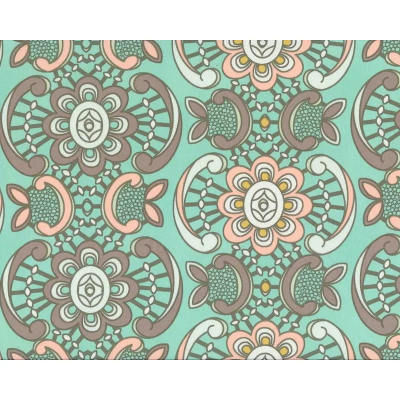 Feiner Popeline-Patchworkstoff DRIFT, Stempel-Blüten-Ornament, schlammbraun-mintgrün