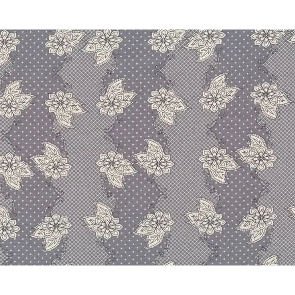 Feiner Popeline-Patchworkstoff "Lilly Belle" mit Blüten-Wellen-Streifen, mittelgrau-creme