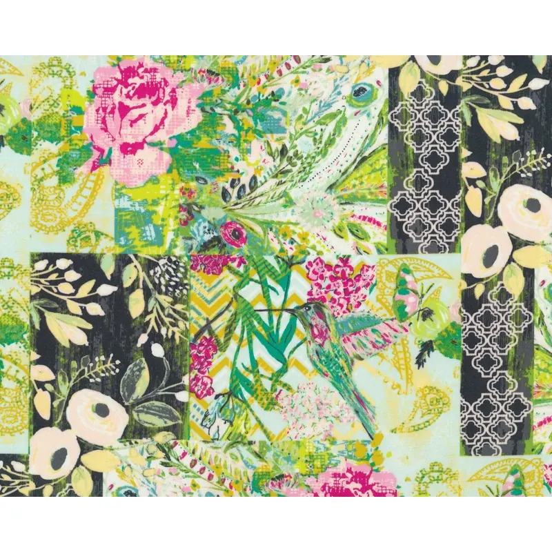 Feiner Popeline-Patchworkstoff MILLIE FLEUR, Blütenfelder, limette-rosa