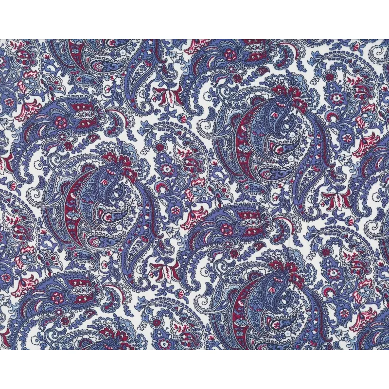 Futterstoff, bedruckter Taft aus Viskose, florale Paisleys, weiß-blau