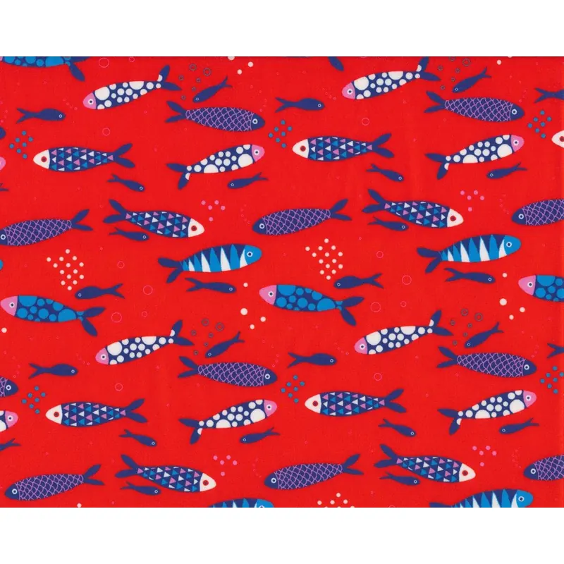 Glatter Baumwollstoff OCEAN FISH, Fischschwarm, rot-gedecktes dunkelblau