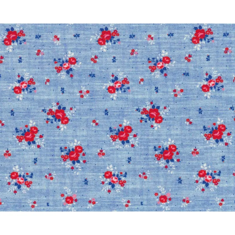 Glatter Baumwollstoff VINTAGE FLOWER, Rosenbouquets, taubenblau-rot